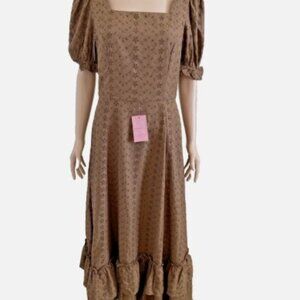 NWT IVY CITY CO Maxi Brown Eyelet Rachel Puff Sleeve Smock Back Dress Size M
